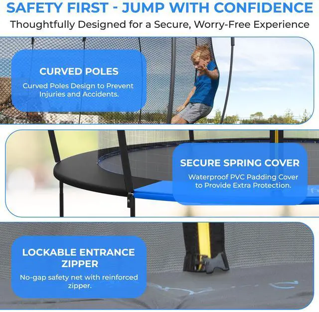 Alt view image 4 of 5 - SereneLife 12FT Outdoor Trampoline for Kids  Durable Backyard Kids Trampoline with Curved Safety Poles, Net Enclosure, Ladder & Basketball Hoop  ASTM Certified, Supports 308 lbs, 144"x116", Black