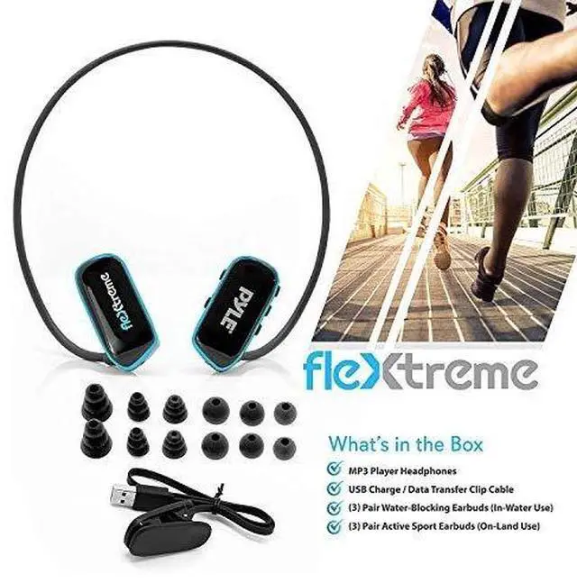 Alt view image 2 of 5 - Pyle Flextreme Waterproof Sports Wearable MP3 Headset Music Player 8GB Underwater Swimming Jogging Walking Gym Earphones Earbuds Rechargeable Comfortable Flexible Headphones USB Connection (PSWP14BK)