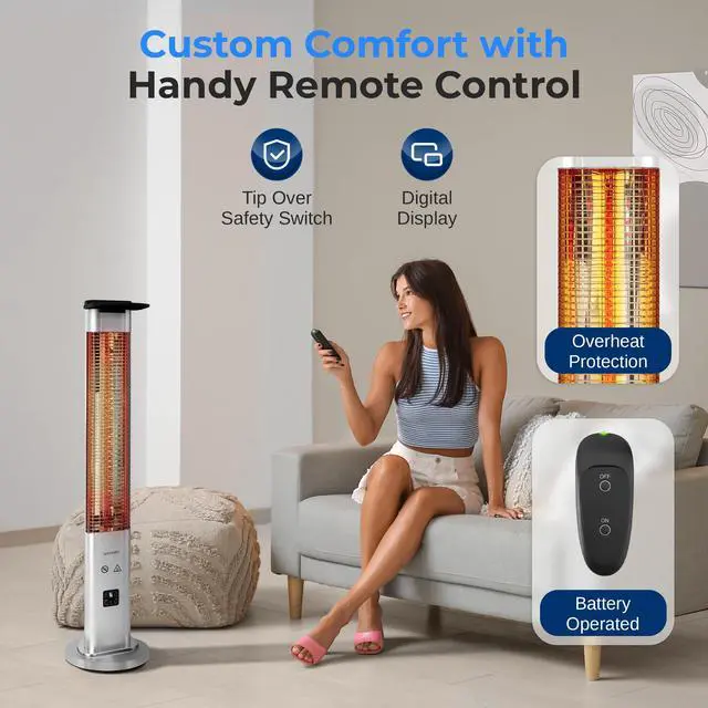 Alt view image 4 of 5 - SereneLife Outdoor Electric Patio Heater - 900W Infrared Heater with Remote, Aluminum Reflector, Waterproof Design, IP65 Approved, Quiet Operation, Standing Porch Heater for Patio & Backyard