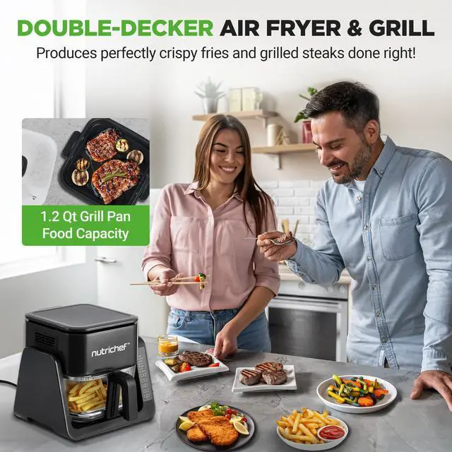 Alt view image 4 of 5 - NutriChef 4 QT Air Fryer & Grill | 7-1 Preset Cook Modes | Transparent Fry Bowl for Best Cooking Results | Cook Shrimp, Steak, Fries, Wings & More | 4 QT Glass Air Fryer & 1.2 QT Grill | Black