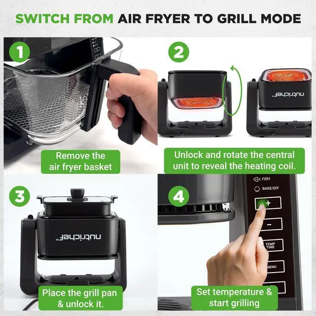 Alt view image 3 of 5 - NutriChef 4 QT Air Fryer & Grill | 7-1 Preset Cook Modes | Transparent Fry Bowl for Best Cooking Results | Cook Shrimp, Steak, Fries, Wings & More | 4 QT Glass Air Fryer & 1.2 QT Grill | Black