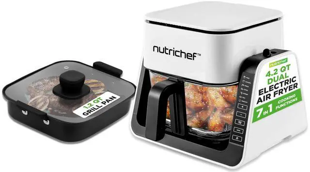 Main image of NutriChef 4 QT Air Fryer & Grill | 8-1 Preset Cook Modes | Transparent Fry Bowl for Best Cooking Results | Cook Shrimp, Steak, Fries, Wings & More | 4 QT Glass Air Fryer & 1.2 QT Grill | White