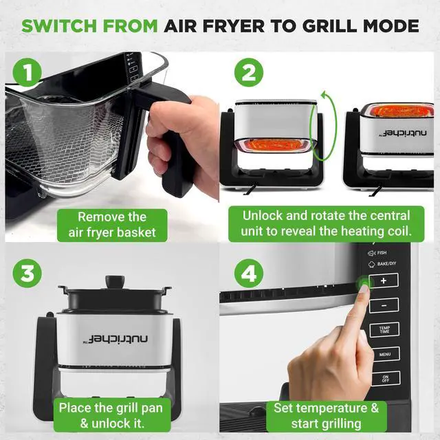 Alt view image 3 of 5 - NutriChef 4 QT Air Fryer & Grill | 8-1 Preset Cook Modes | Transparent Fry Bowl for Best Cooking Results | Cook Shrimp, Steak, Fries, Wings & More | 4 QT Glass Air Fryer & 1.2 QT Grill | White