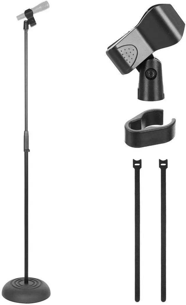 Main image of Pyle Adjustable Height Microphone Stand, 36.2" - 63.7 Inches Universal Mic Holder, Compact Design, Sturdy and Lightweight, Ideal for Studio and Concerts, With Mic Clip, Rubber Base (Black)
