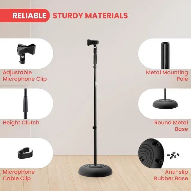 Alt view image 3 of 5 - Pyle Adjustable Height Microphone Stand, 36.2" - 63.7 Inches Universal Mic Holder, Compact Design, Sturdy and Lightweight, Ideal for Studio and Concerts, With Mic Clip, Rubber Base (Black)