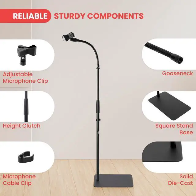 Alt view image 4 of 5 - Pyle Square Base Gooseneck Microphone Stand with Mic Clip - Heavy Duty, Height Adjustable, 49.20" to 76.38, Solid Die-Cast Base, Studio & Concert Use, Universal 5/8'' Adapter, Cable Clip Included