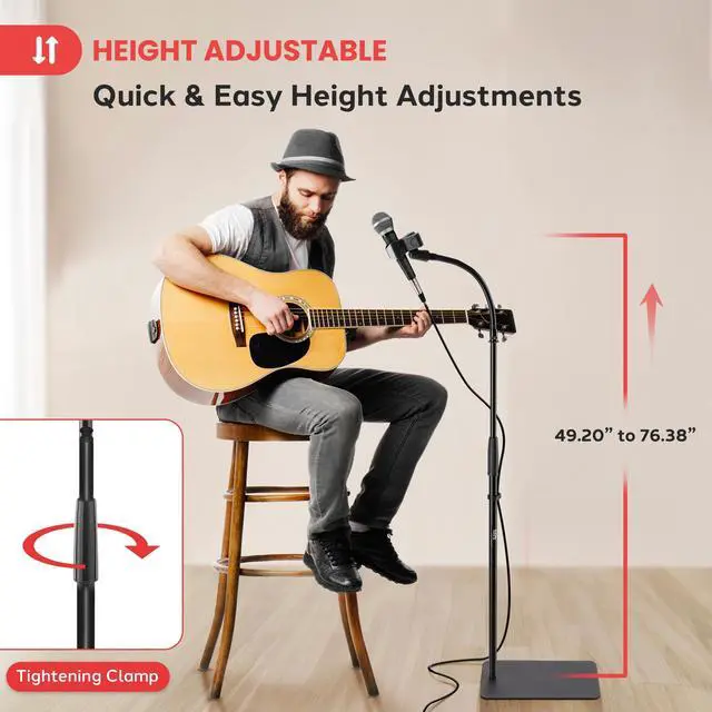 Alt view image 3 of 5 - Pyle Square Base Gooseneck Microphone Stand with Mic Clip - Heavy Duty, Height Adjustable, 49.20" to 76.38, Solid Die-Cast Base, Studio & Concert Use, Universal 5/8'' Adapter, Cable Clip Included