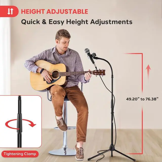 Alt view image 3 of 5 - Pyle Tripod Mic Stand, Adjustable Gooseneck Microphone Stand, Sturdy Build, Non-Slip Rubber Feet, Folds Flat for Compact Storage, Includes Mic Clip & 5/8" Adapter, 52.36" to 79.13" Inch