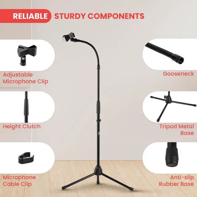 Alt view image 4 of 5 - Pyle Tripod Mic Stand, Adjustable Gooseneck Microphone Stand, Sturdy Build, Non-Slip Rubber Feet, Folds Flat for Compact Storage, Includes Mic Clip & 5/8" Adapter, 52.36" to 79.13" Inch
