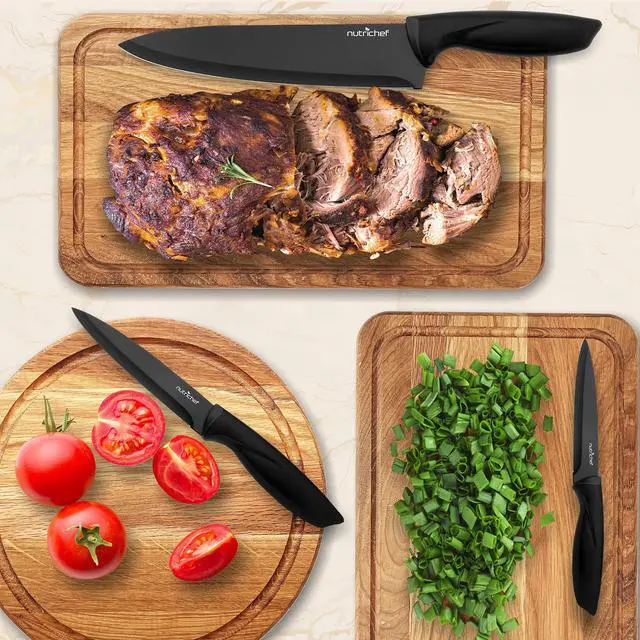 Alt view image 5 of 5 - NutriChef 7 Piece Kitchen Knife Set - Stainless Steel Kitchen Precision Knives Set w/ 5 Knives & Bonus Sharpener, Acrylic Block Stand - Cutting Slicing, Chopping, Dicing NCKNS7X