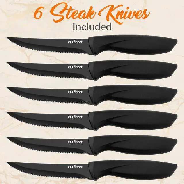 Alt view image 3 of 5 - NutriChef 17-Piece Kitchen Knife Set - Stainless Steel Precision Crafted Knives w/Acrylic Block Stand - Includes 6 Steak Knives, 7 Multi-Use Knives, Sharpener, Scissors, & Vegetable Peeler (Black)