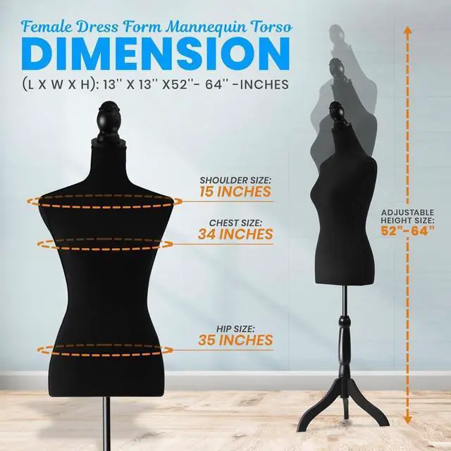 Alt view image 2 of 5 - SereneLife Female Torso Mannequin Display - Sturdy and Durable, Adjustable Dress Form (52-64"), Lightweight, Easy-to-Assemble, Stable Tripod Stand, Smooth Surface for Retail Clothing Display (Black)
