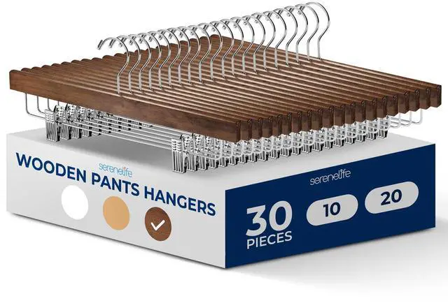 Main image of SereneLife 30 Pack Wooden Pants Hangers with Clips  Retro Brown 14"x0.5"x6.7", Heavy Duty Wood Skirt Hangers with 360° Swivel Hook & Adjustable Non-Slip Clips for Jeans Slacks Shorts
