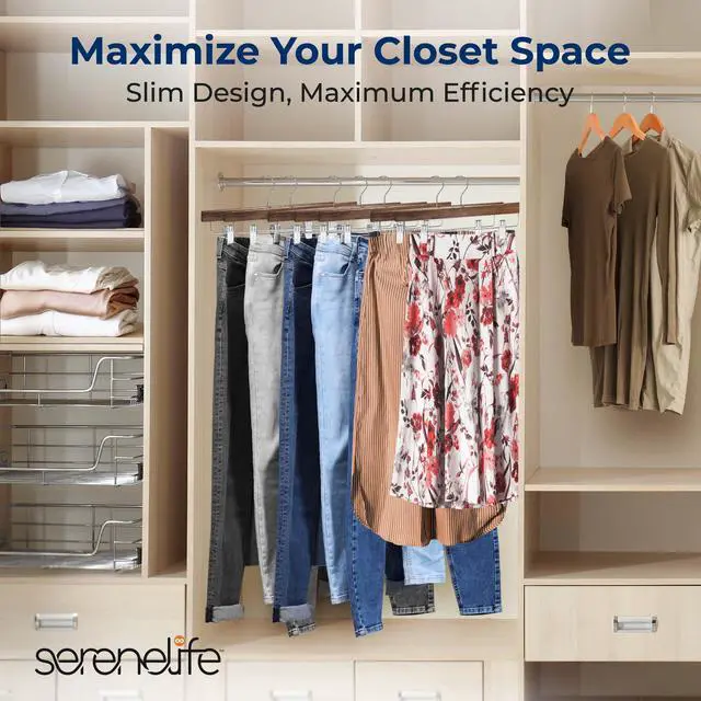 Alt view image 2 of 5 - SereneLife 30 Pack Wooden Pants Hangers with Clips  Retro Brown 14"x0.5"x6.7", Heavy Duty Wood Skirt Hangers with 360° Swivel Hook & Adjustable Non-Slip Clips for Jeans Slacks Shorts