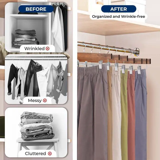 Alt view image 5 of 5 - SereneLife 30 Pack Wooden Pants Hangers with Clips  Retro Brown 14"x0.5"x6.7", Heavy Duty Wood Skirt Hangers with 360° Swivel Hook & Adjustable Non-Slip Clips for Jeans Slacks Shorts