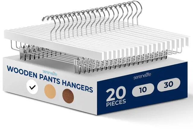 Main image of SereneLife 20 Pack Wooden Pants Hangers with Clips  White 14"x0.5"x6.7", Heavy Duty Skirt Hangers with Adjustable Non-Slip Steel Clips & 360° Swivel Hook for Jeans Slacks Shorts