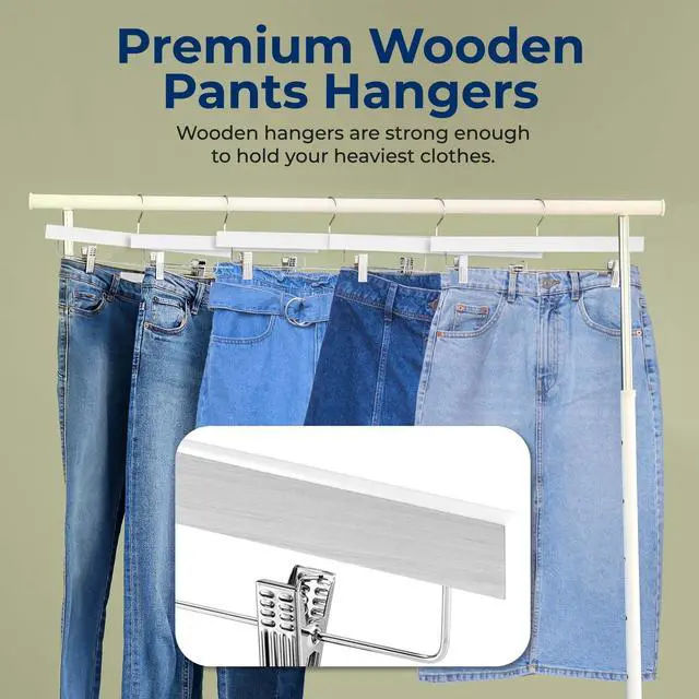 Alt view image 3 of 5 - SereneLife 20 Pack Wooden Pants Hangers with Clips  White 14"x0.5"x6.7", Heavy Duty Skirt Hangers with Adjustable Non-Slip Steel Clips & 360° Swivel Hook for Jeans Slacks Shorts