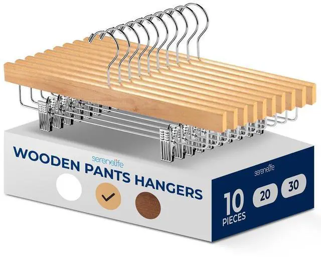 Main image of SereneLife 10 Pcs. Premium Wooden Pants Hangers - Heavy Duty Set with Chrome 360° Swivel Hook & Adjustable Steel Clips (Natural)