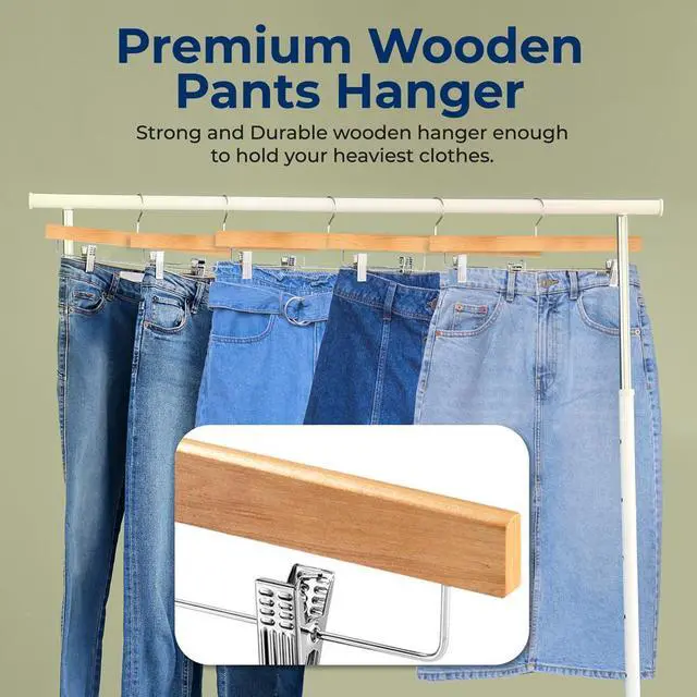 Alt view image 3 of 7 - SereneLife 10 Pcs. Premium Wooden Pants Hangers - Heavy Duty Set with Chrome 360° Swivel Hook & Adjustable Steel Clips (Natural)