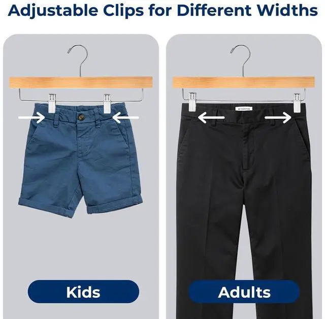 Alt view image 4 of 7 - SereneLife 10 Pcs. Premium Wooden Pants Hangers - Heavy Duty Set with Chrome 360° Swivel Hook & Adjustable Steel Clips (Natural)