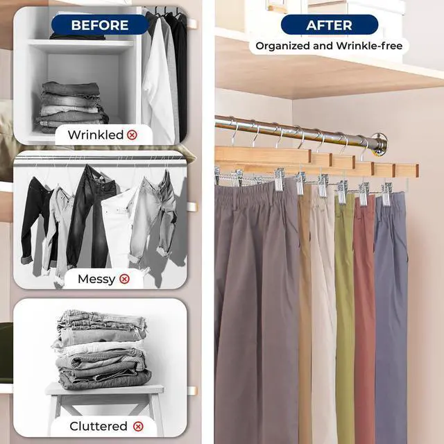 Alt view image 5 of 7 - SereneLife 10 Pcs. Premium Wooden Pants Hangers - Heavy Duty Set with Chrome 360° Swivel Hook & Adjustable Steel Clips (Natural)