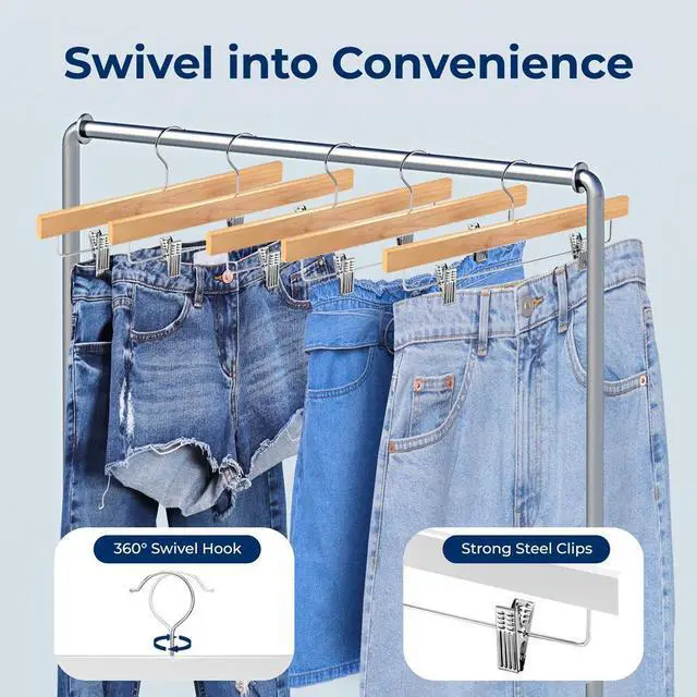 Alt view image 6 of 7 - SereneLife 10 Pcs. Premium Wooden Pants Hangers - Heavy Duty Set with Chrome 360° Swivel Hook & Adjustable Steel Clips (Natural)