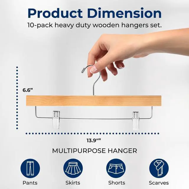 Alt view image 7 of 7 - SereneLife 10 Pcs. Premium Wooden Pants Hangers - Heavy Duty Set with Chrome 360° Swivel Hook & Adjustable Steel Clips (Natural)