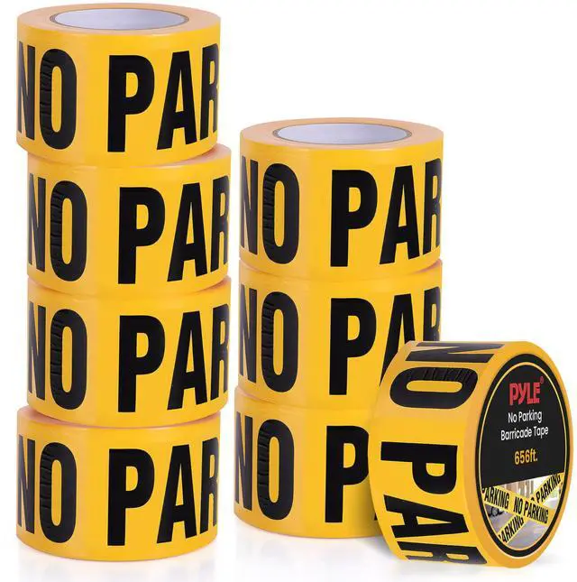 Main image of Pyle 8 Pieces Safety Yellow No Parking Barricade Tape Set - 656 Foot Long Tape Roll Suitable for a Wide Range of Applications, Including Roadworks, Events, and Hazardous Areas