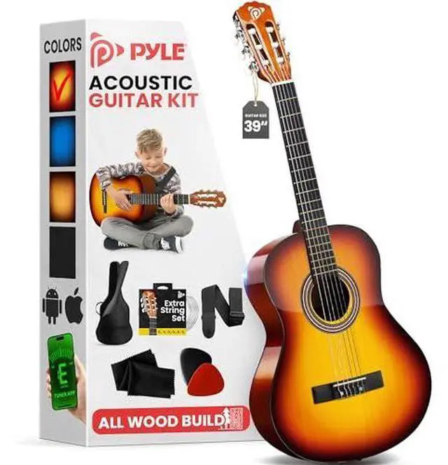 Main image of Pyle Beginner Acoustic Guitar Kit, 4/4 Full Size All Wood Instrument for Beginners, Adults, 39" Brown Gloss