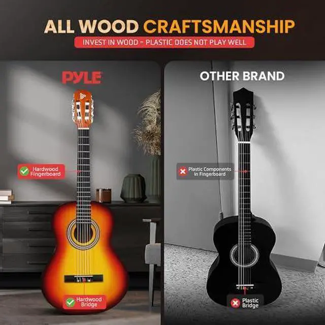 Alt view image 4 of 7 - Pyle Beginner Acoustic Guitar Kit, 4/4 Full Size All Wood Instrument for Beginners, Adults, 39" Brown Gloss