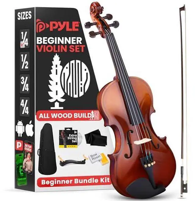 Main image of Pyle 1/4 Size Beginner Violin Starter Kit, Violin Starter Package with Travel Case & Bow, Extra Strings, Digital Tuner, Shoulder Rest & Cleaning Cloth for Students, Kids, Adults