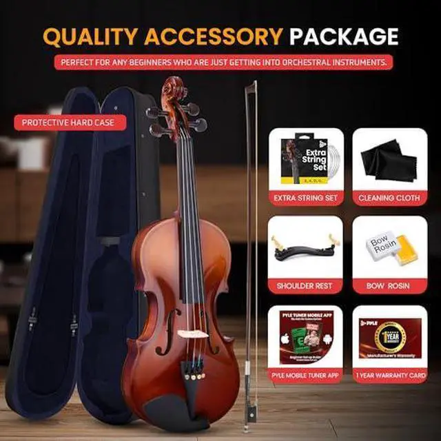 Alt view image 5 of 7 - Pyle 1/4 Size Beginner Violin Starter Kit, Violin Starter Package with Travel Case & Bow, Extra Strings, Digital Tuner, Shoulder Rest & Cleaning Cloth for Students, Kids, Adults