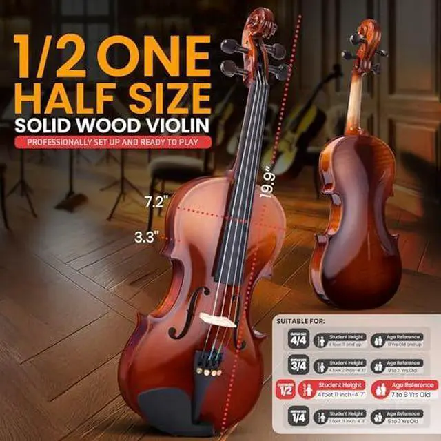 Alt view image 2 of 7 - Pyle 1/2 Size Beginner Violin Starter Kit, Violin Starter Package with Travel Case & Bow, Extra Strings, Digital Tuner, Shoulder Rest & Cleaning Cloth for Students, Kids, Adults