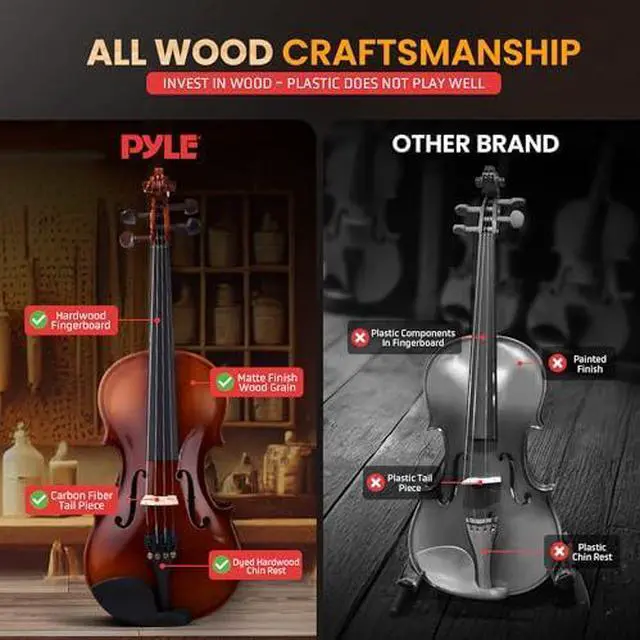 Alt view image 4 of 7 - Pyle 1/4 Size Beginner Violin Starter Kit, Violin Starter Package with Travel Case & Bow, Extra Strings, Digital Tuner, Shoulder Rest & Cleaning Cloth for Students, Kids, Adults