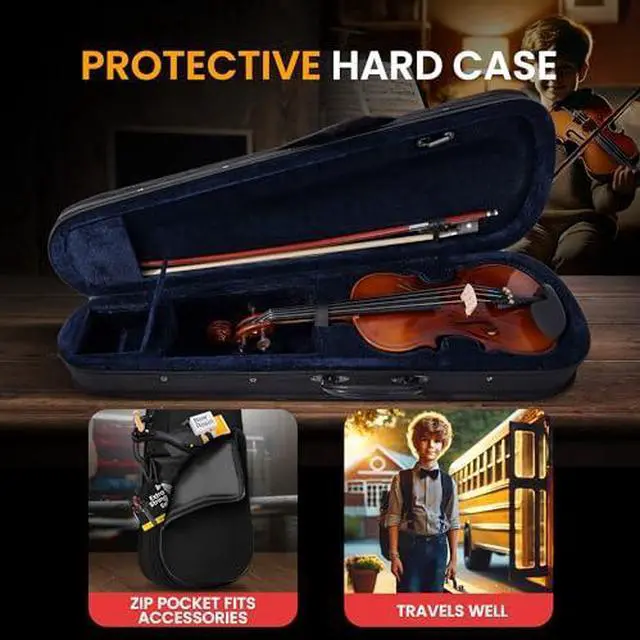 Alt view image 6 of 7 - Pyle 1/4 Size Beginner Violin Starter Kit, Violin Starter Package with Travel Case & Bow, Extra Strings, Digital Tuner, Shoulder Rest & Cleaning Cloth for Students, Kids, Adults