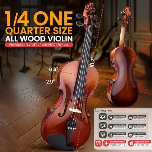 Alt view image 2 of 7 - Pyle 1/4 Size Beginner Violin Starter Kit, Violin Starter Package with Travel Case & Bow, Extra Strings, Digital Tuner, Shoulder Rest & Cleaning Cloth for Students, Kids, Adults