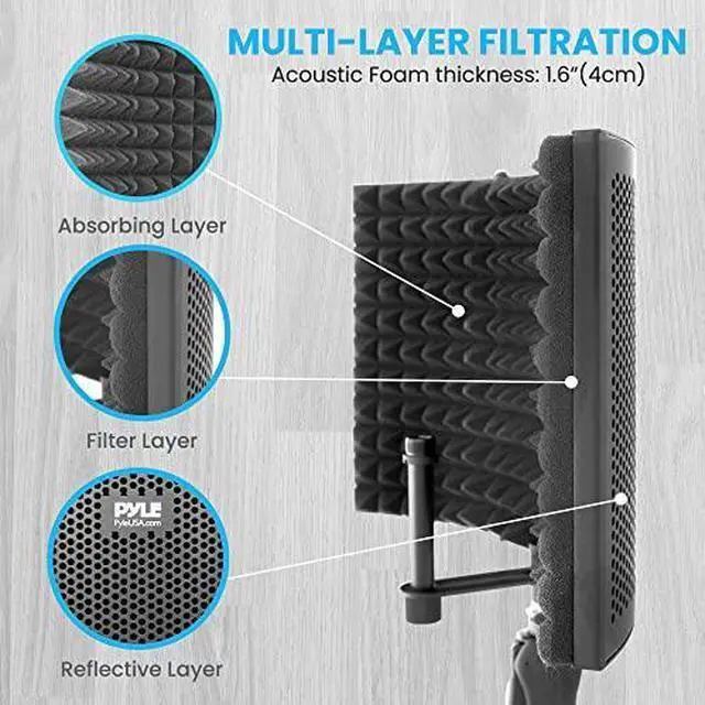 Alt view image 6 of 7 - PyleUsa Microphone Isolation Shield- 3 Panel Noise Absorbing Record Booth Studio Acoustic Vocal Dampening Filter w/ 1.6"Thick Foam, Adjustable Mic Depth, Removable Shock Mount, Universal " Threading