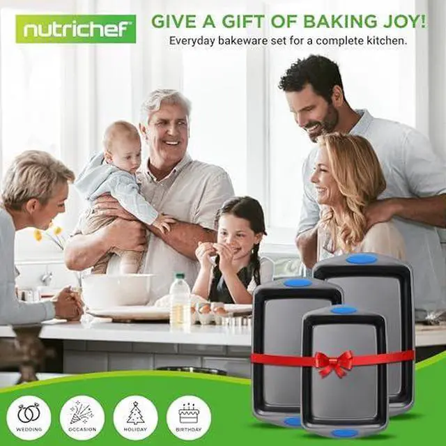 Alt view image 7 of 7 - NutriChef 3-Piece Baking Pan Set - Premium Nonstick Carbon Steel Bakeware w/ Silicone Handles - Includes Large, Medium, & Small Pans for Baking & Roasting - PFOA, PFOS, PTFE Free - Gray
