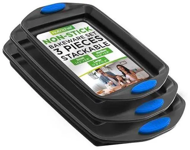 Main image of NutriChef 3-Piece Baking Pan Set - Premium Nonstick Carbon Steel Bakeware w/ Silicone Handles - Includes Large, Medium, & Small Pans for Baking & Roasting - PFOA, PFOS, PTFE Free - Gray