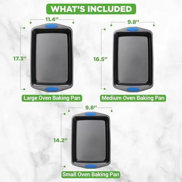 Alt view image 3 of 7 - NutriChef 3-Piece Baking Pan Set - Premium Nonstick Carbon Steel Bakeware w/ Silicone Handles - Includes Large, Medium, & Small Pans for Baking & Roasting - PFOA, PFOS, PTFE Free - Gray