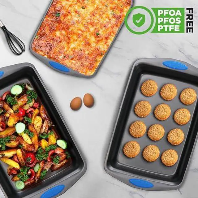 Alt view image 4 of 7 - NutriChef 3-Piece Baking Pan Set - Premium Nonstick Carbon Steel Bakeware w/ Silicone Handles - Includes Large, Medium, & Small Pans for Baking & Roasting - PFOA, PFOS, PTFE Free - Gray
