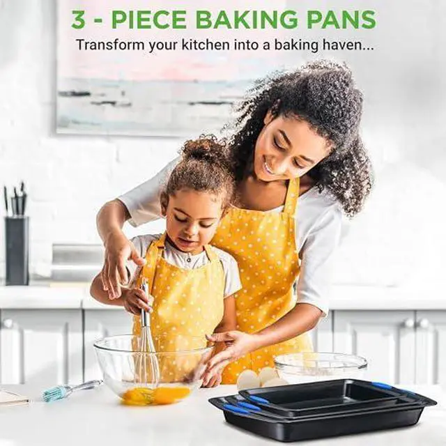 Alt view image 2 of 7 - NutriChef 3-Piece Baking Pan Set - Premium Nonstick Carbon Steel Bakeware w/ Silicone Handles - Includes Large, Medium, & Small Pans for Baking & Roasting - PFOA, PFOS, PTFE Free - Gray