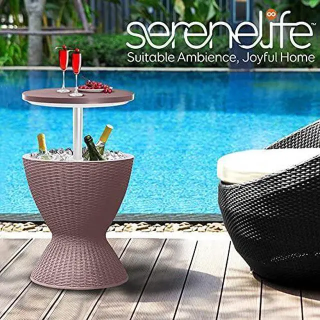 Alt view image 7 of 7 - SereneLife Outdoor Cool Bar Table, 7.5 Gallon Beer and Wine Cooler, Patio Furniture & Hot Tub Side Table, Beverage Cooler, All-Weather Resistant Ice Cool Bar, Rattan Style Patio, Cocktail Bar (Grey)