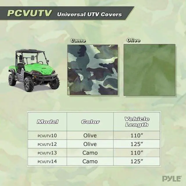 Alt view image 2 of 2 - Pyle PCVUTV10 Armor Shield 4 x 4 UTV Utility Vehicle Storage Protective Indoor/Outdoor Cover, Fits Vehicles up to 110'' Long, Olive Color (Fits Vehicles without Cabin/Rollbar/Roof)
