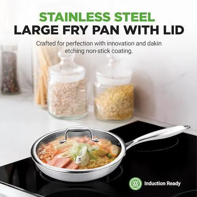 Alt view image 2 of 7 - NutriChef 12" Stainless Steel Frying Pan - Triply Hybrid Skillet w/DAKIN Etching Non-Stick Coating, Scratch-resistant Raised-up Honeycomb Fire Textured Pattern, NC3PL12