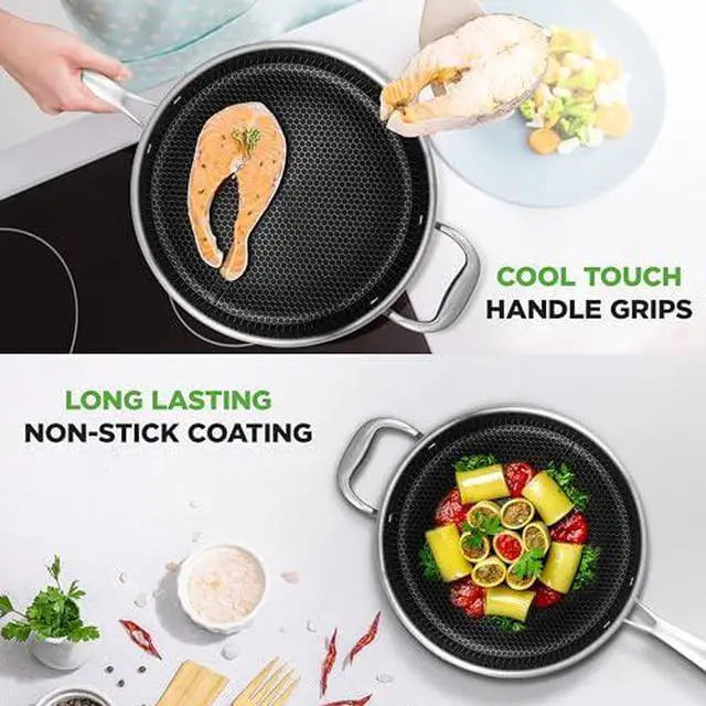 Alt view image 4 of 7 - NutriChef 3.4QT Deep Frying Pan with Lid - Stainless Steel Non-Stick Saute Pan, Scratch-Resistant Honeycomb Texture, Oven & Induction Safe Skillet