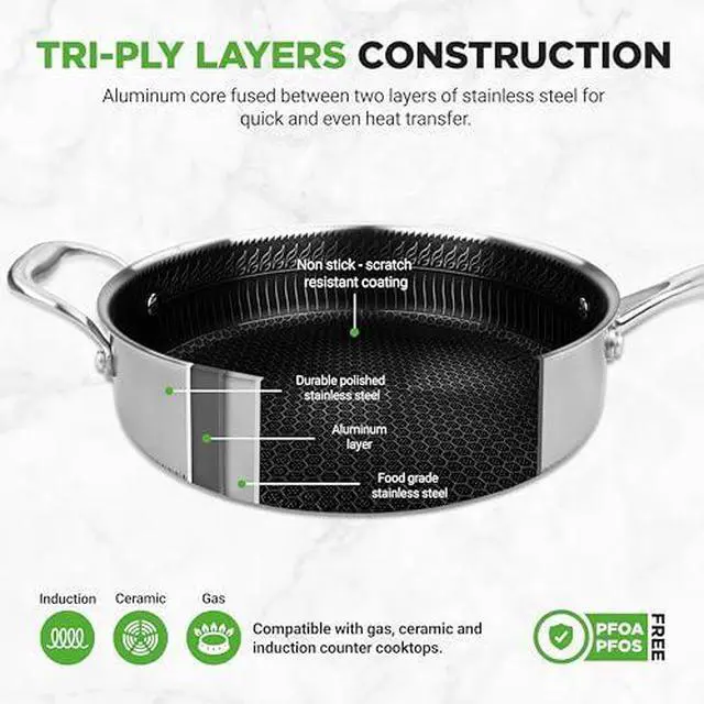 Alt view image 5 of 7 - NutriChef 3.4QT Deep Frying Pan with Lid - Stainless Steel Non-Stick Saute Pan, Scratch-Resistant Honeycomb Texture, Oven & Induction Safe Skillet