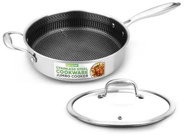 Main image of NutriChef 3.4QT Deep Frying Pan with Lid - Stainless Steel Non-Stick Saute Pan, Scratch-Resistant Honeycomb Texture, Oven & Induction Safe Skillet