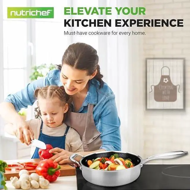 Alt view image 7 of 7 - NutriChef 3.4QT Deep Frying Pan with Lid - Stainless Steel Non-Stick Saute Pan, Scratch-Resistant Honeycomb Texture, Oven & Induction Safe Skillet