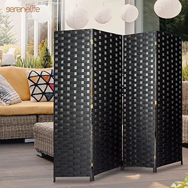 Alt view image 6 of 7 - SereneLife Woven Fiber Room Divider - 4-Panel Portable Lightweight Freestanding Indoor Foldable Decorative Partition, Screen Separator, Better Folding Privacy, Dressing Area, Porch, Office